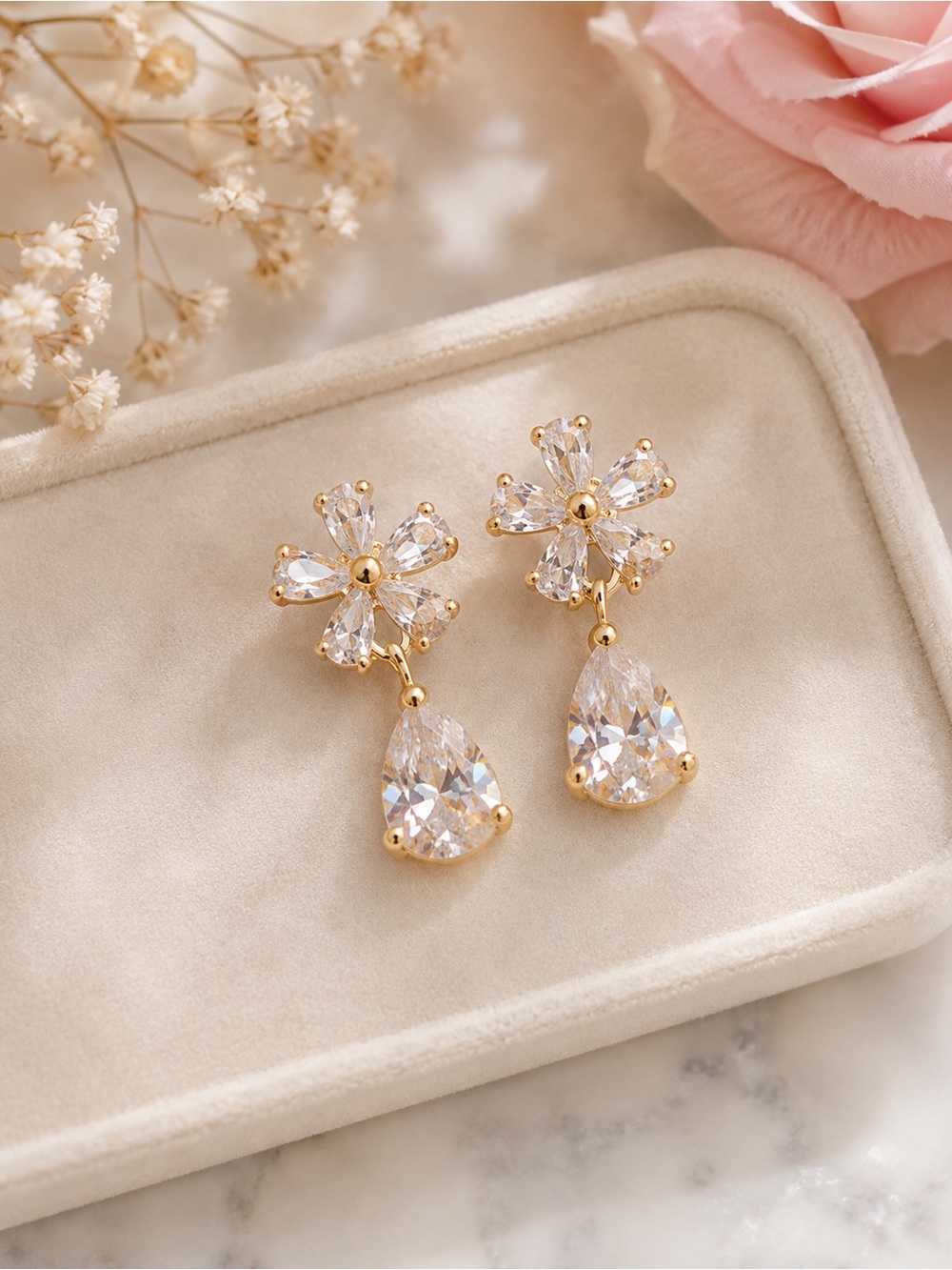 Gold-Tone Floral Crystal Drop Earrings